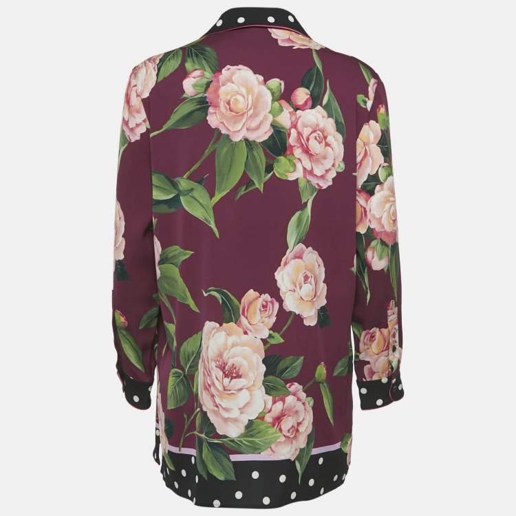 Pre Owned Dolce & Gabbana Burgundy Camellia Print Silk Full sleeve Blouse M  