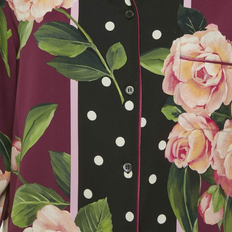 Pre Owned Dolce & Gabbana Burgundy Camellia Print Silk Full sleeve Blouse M  