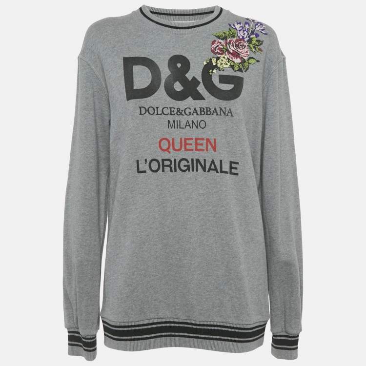 Pre Owned Dolce & Gabbana Grey Logo Print Cotton Floral Patch Detail Sweatshirt S
