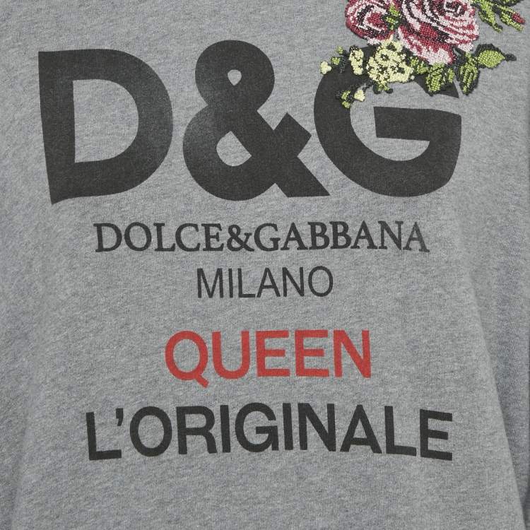 Pre Owned Dolce & Gabbana Grey Logo Print Cotton Floral Patch Detail Sweatshirt S