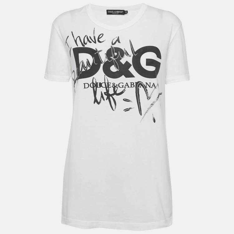 Pre Owned Dolce & Gabbana White Printed Cotton Knit Crew Neck T-Shirt S