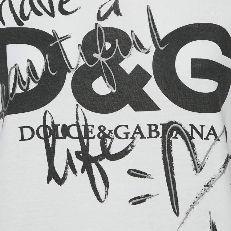 Pre Owned Dolce & Gabbana White Printed Cotton Knit Crew Neck T-Shirt S