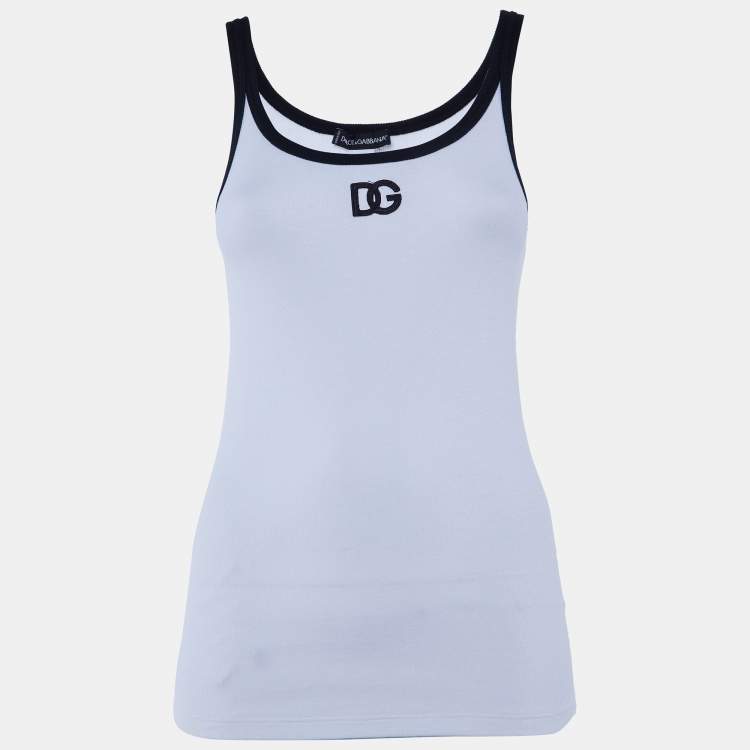 Pre Owned Dolce & Gabbana White Cotton Knit Contrast Detail Tank Top M