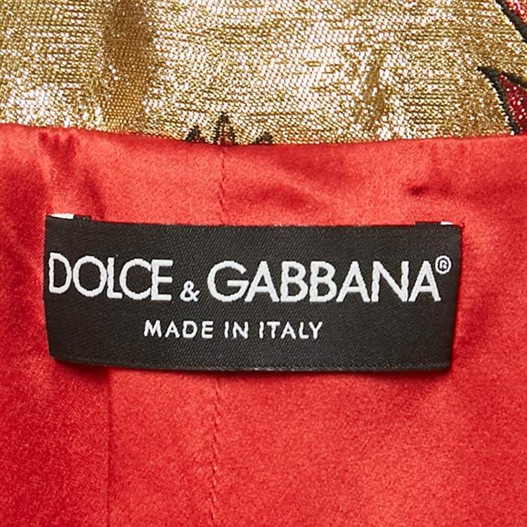 Pre Owned Dolce & Gabbana Gold & Red Bow Embellished Jacquard Cape M   