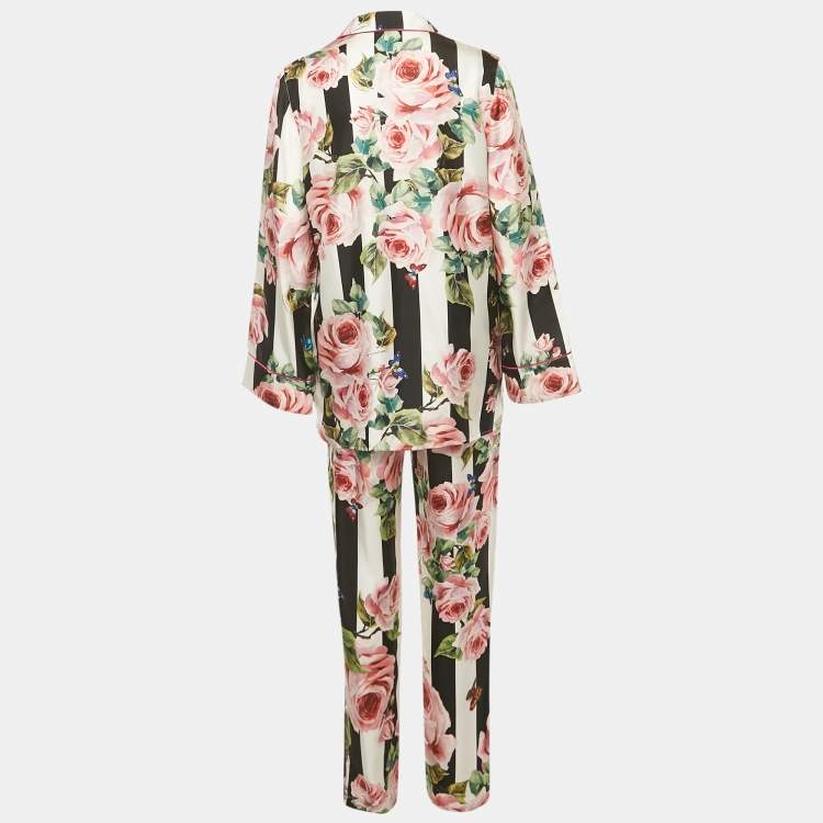 Pre Owned Dolce & Gabbana Multicolor Stipe Floral Print Silk Pajama Set M 