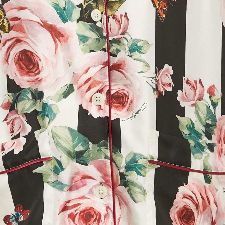 Pre Owned Dolce & Gabbana Multicolor Stipe Floral Print Silk Pajama Set M 