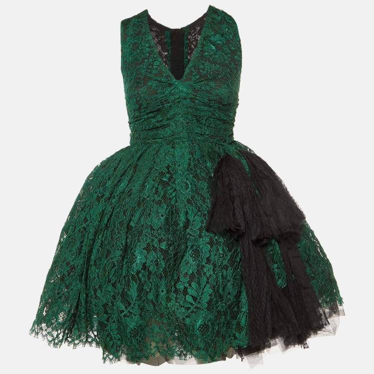 Pre Owned Dolce & Gabbana Green Lace Bow Detail Flared Mini Dress S