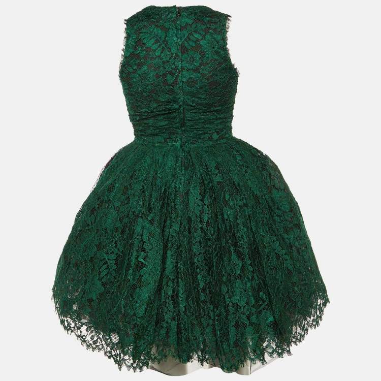Pre Owned Dolce & Gabbana Green Lace Bow Detail Flared Mini Dress S