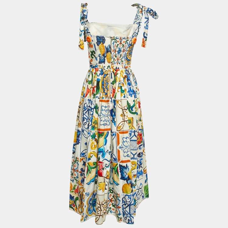 Pre Owned Dolce & Gabbana White/Multicolor Majolica Print Poplin Zip-Up Midi Dress S