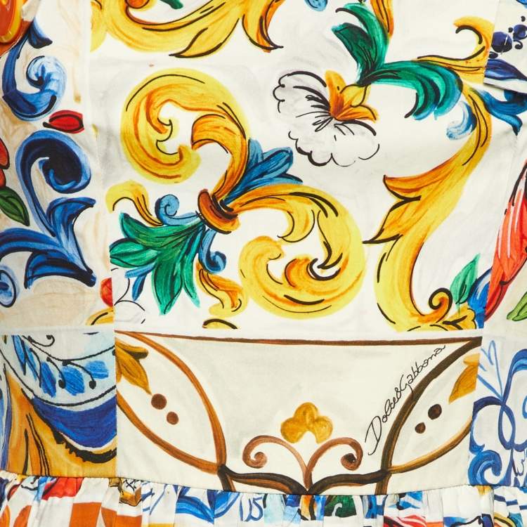 Pre Owned Dolce & Gabbana White/Multicolor Majolica Print Poplin Zip-Up Midi Dress S