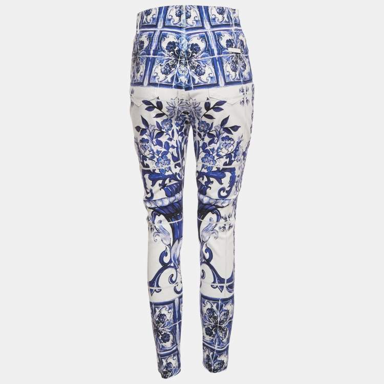 Pre Owned Dolce & Gabbana White Majolica Print Denim Skinny Jeans M Waist 27"