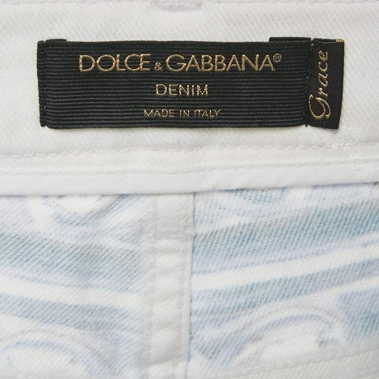 Pre Owned Dolce & Gabbana White Majolica Print Denim Skinny Jeans M Waist 27"