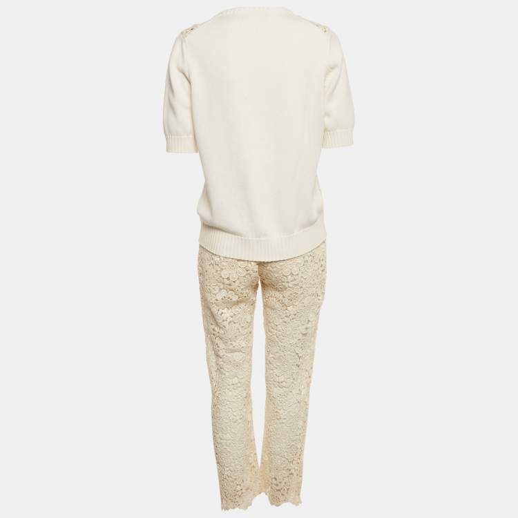 Pre Owned Dolce & Gabbana Cream Lace Knit Top and Pants Set M
