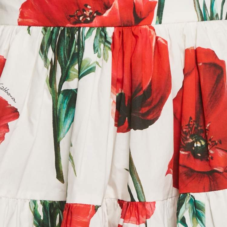 Pre Owned Dolce & Gabbana White Poppy Print Cotton Mini Skirt L