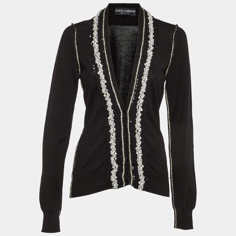 Pre Owned Dolce & Gabbana Black Virgin Wool Embellished Cardigan M