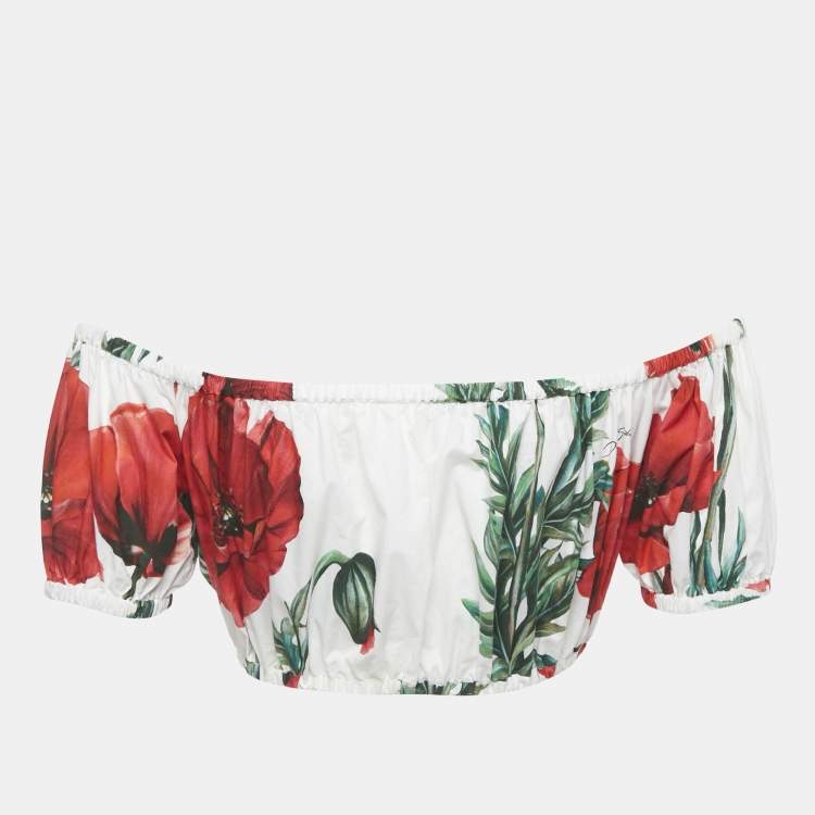 Pre Owned Dolce & Gabbana White Poopy Print Cotton Off Shoulder Crop Top XS 