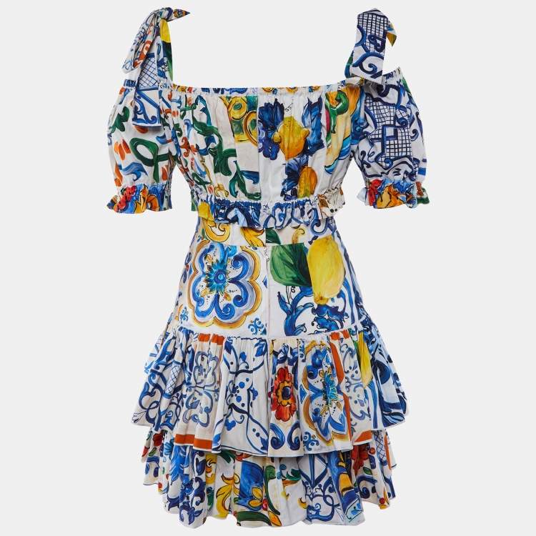 Pre Owned Dolce & Gabbana Multicolor Printed Cotton Crop Top & Tiered Skirt Set XS