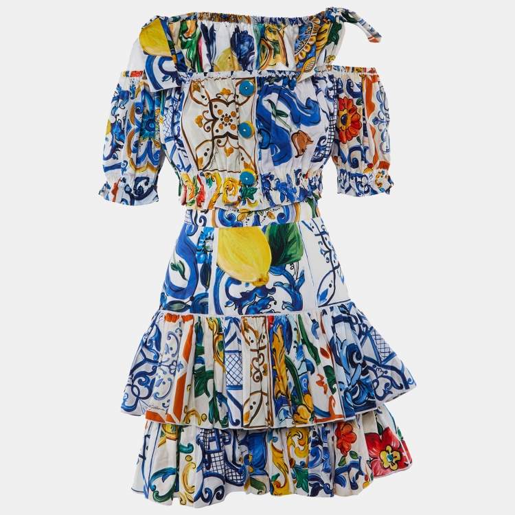 Pre Owned Dolce & Gabbana Multicolor Printed Cotton Crop Top & Tiered Skirt Set XS