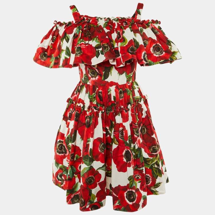 Pre Owned Dolce & Gabbana Red Floral Print Cotton Ruffled Dress S