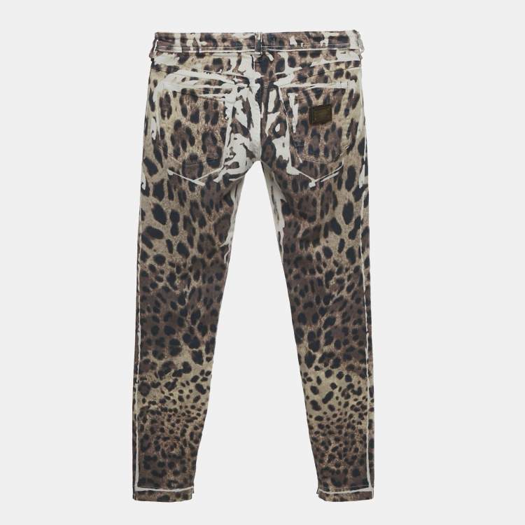 Pre Owned Dolce & Gabbana Brown Leopard Print Denim Skinny Jeans S Waist 26" 