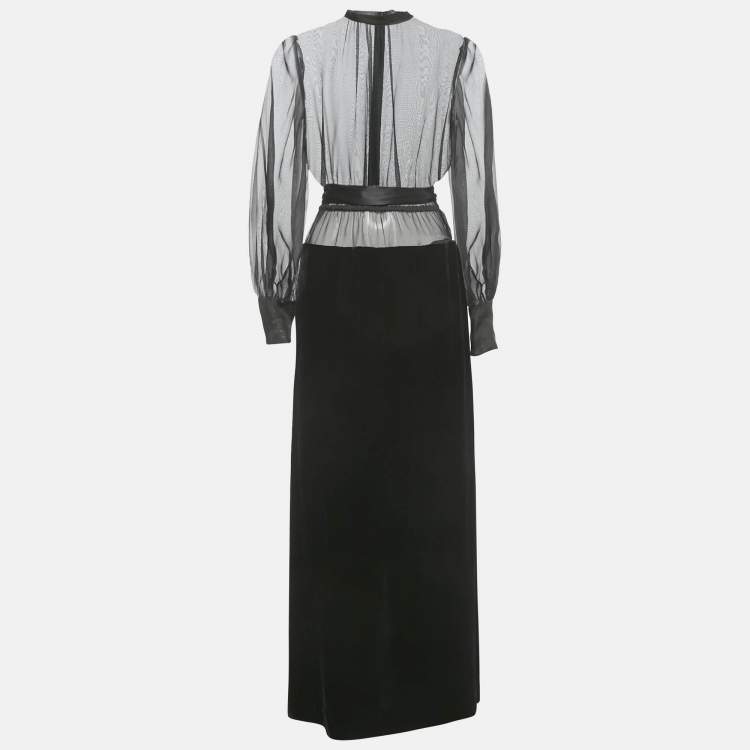 Pre Owned Dolce & Gabbana Black Organza And Velvet Belted Long Dress XS