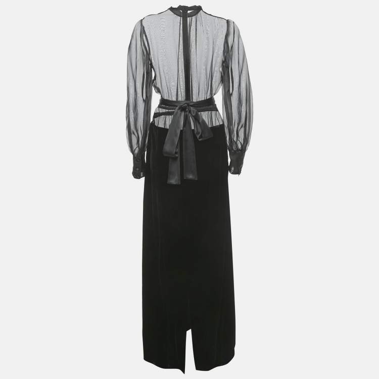 Pre Owned Dolce & Gabbana Black Organza And Velvet Belted Long Dress XS