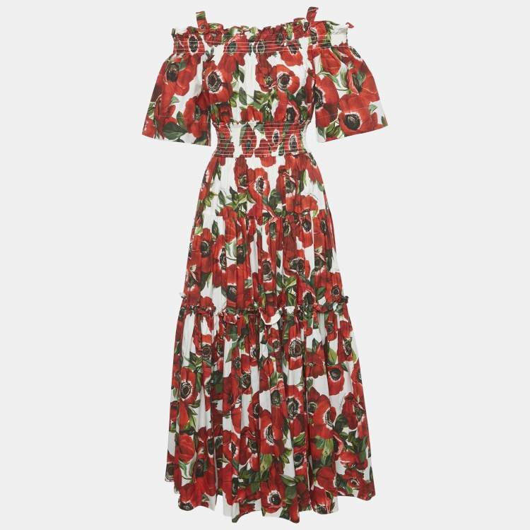 Pre Owned Dolce & Gabbana Red Anemoni Print Poplin Midi Dress S