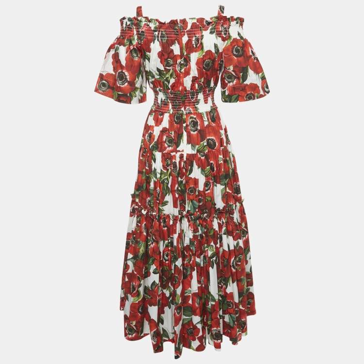Pre Owned Dolce & Gabbana Red Anemoni Print Poplin Midi Dress S
