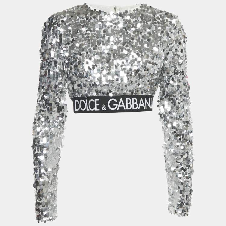 Pre Owned Dolce & Gabbana Silver Sequin Tulle Logo Trim Detail Crop Top M