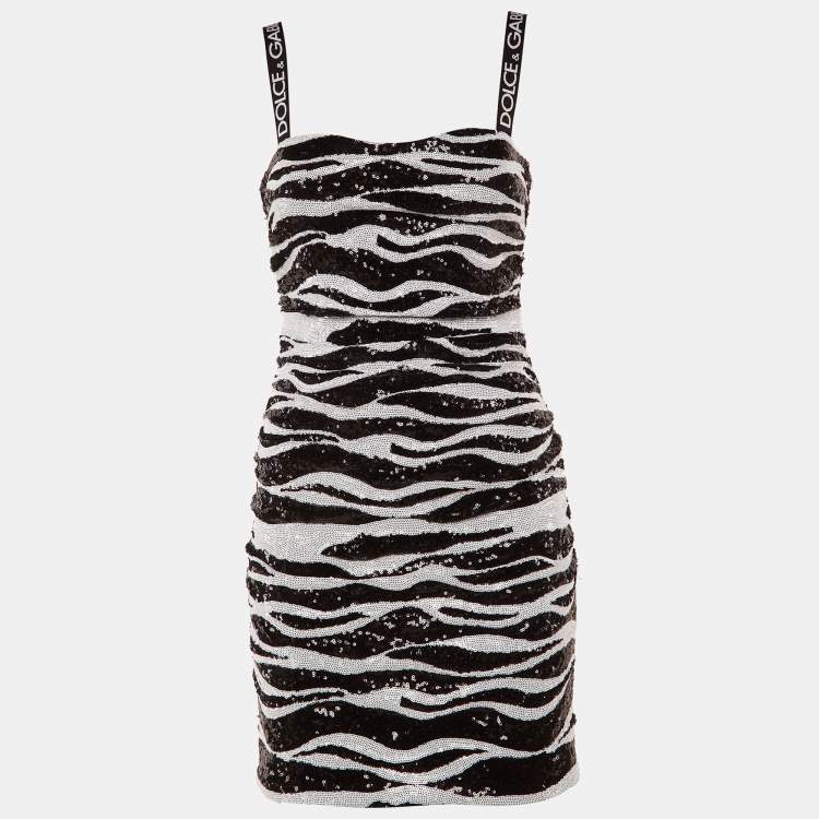 Pre Owned Dolce & Gabbana Monochrome Zebra Pattern Sequined Mini Dress S
