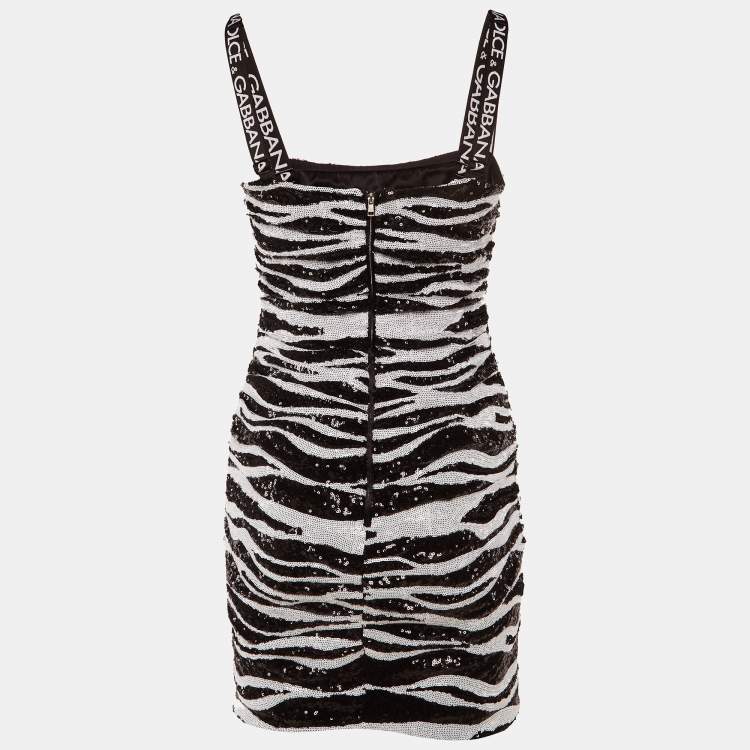 Pre Owned Dolce & Gabbana Monochrome Zebra Pattern Sequined Mini Dress S