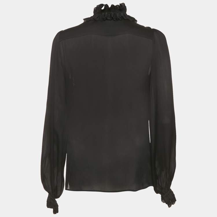 Pre Owned Dolce & Gabbana Black Silk Frill Detail Sheer Blouse M