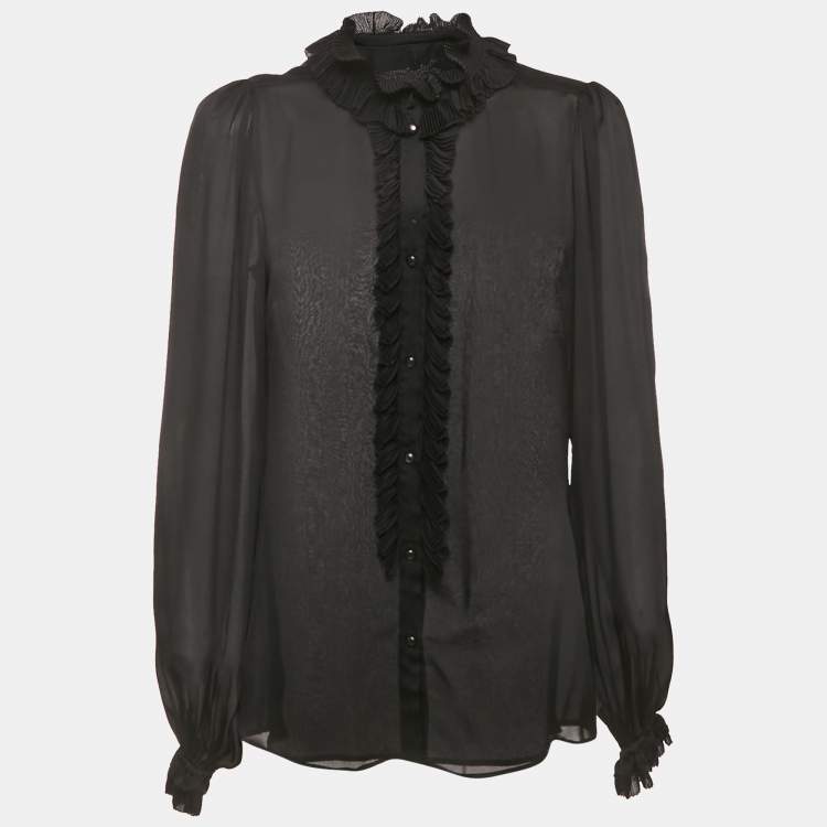 Pre Owned Dolce & Gabbana Black Silk Frill Detail Sheer Blouse M