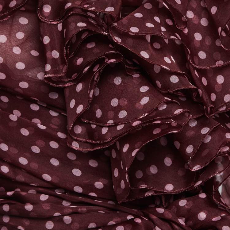 Pre Owned Dolce & Gabbana Burgundy Polka Dot Print Organza Silk Ruffled Wrap Top S