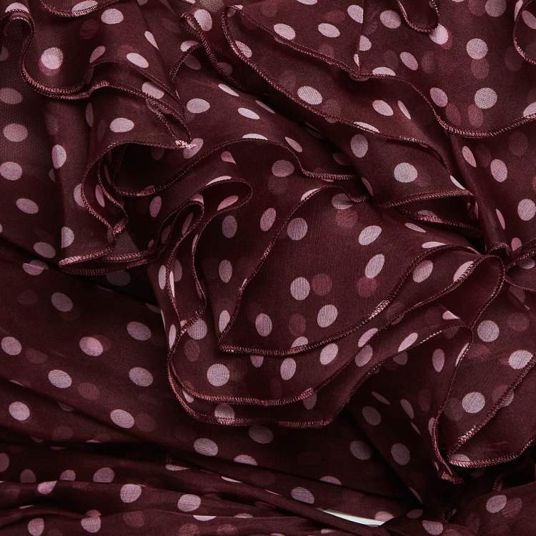 Pre Owned Dolce & Gabbana Burgundy Polka Dot Print Organza Silk Ruffled Wrap Top S