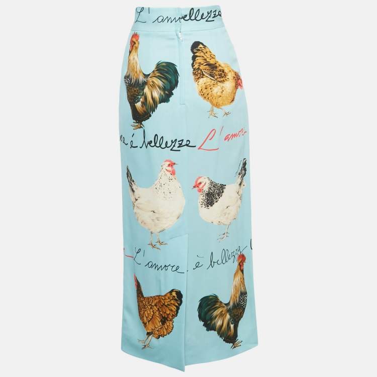 مملوكة مسبقًا Dolce & Gabbana Blue Rooster & Chicken Print Crepe Midi Skirt M