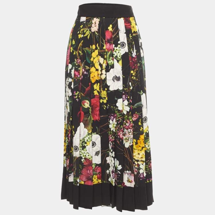 Pre Owned Dolce & Gabbana Black Floral Printed Silk Georgette Pleated Midi Skirt L