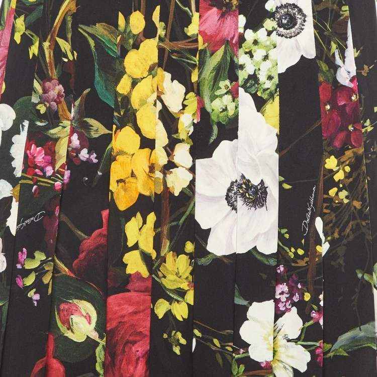Pre Owned Dolce & Gabbana Black Floral Printed Silk Georgette Pleated Midi Skirt L