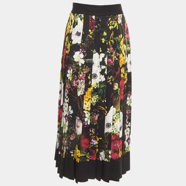 Pre Owned Dolce & Gabbana Black Floral Printed Silk Georgette Pleated Midi Skirt L