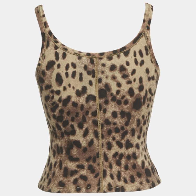 Pre Owned Dolce & Gabbana x Skims Brown Leopard Print Rib Knit Cropped Tank Top XS