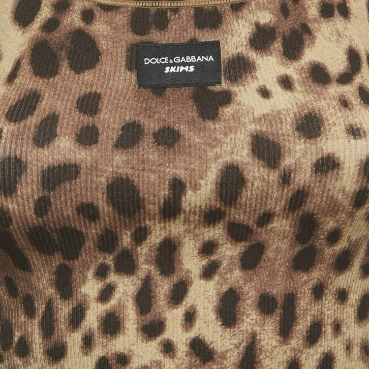 Pre Owned Dolce & Gabbana x Skims Brown Leopard Print Rib Knit Cropped Tank Top XS