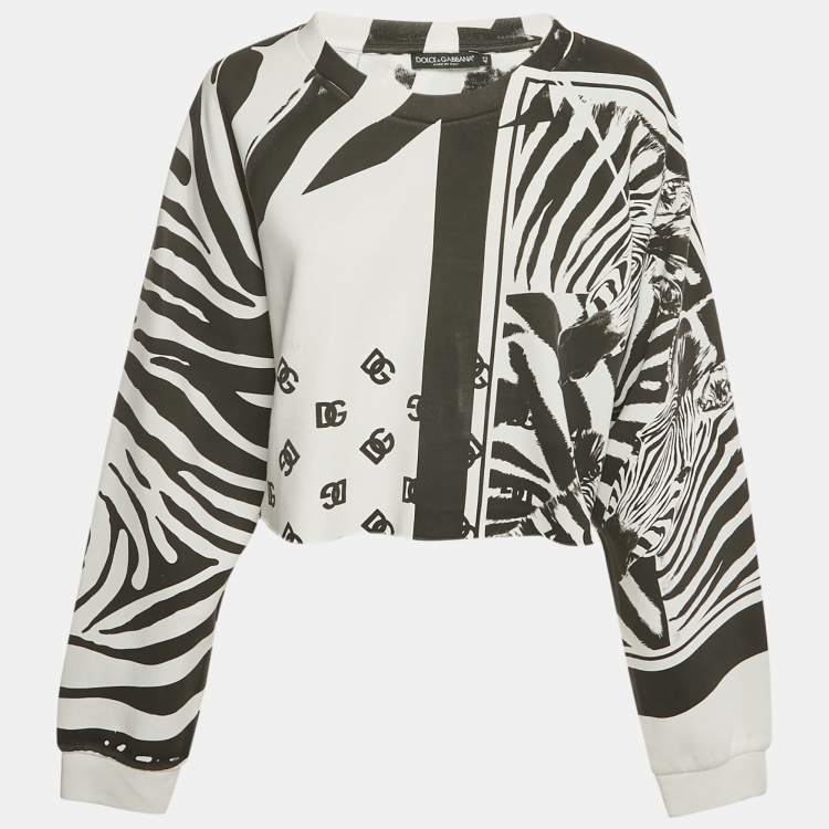 Pre Owned Dolce & Gabbana White/Black Abstract Print Cotton Cropped Sweatshirt M