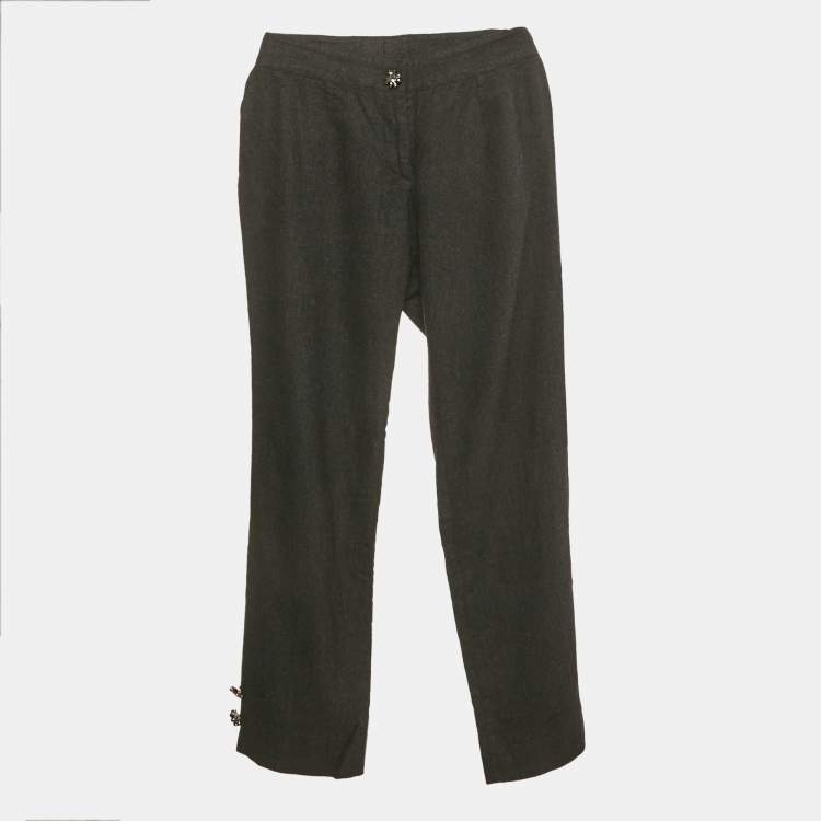 Pre Owned Dolce & Gabbana Dark Grey Wool Bejeweled Buttons Cropped Trousers S 