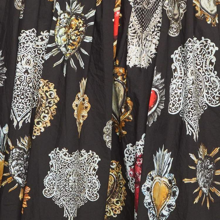 Pre Owned Dolce & Gabbana Black Sacred Heart Print Cotton Flared Skirt M