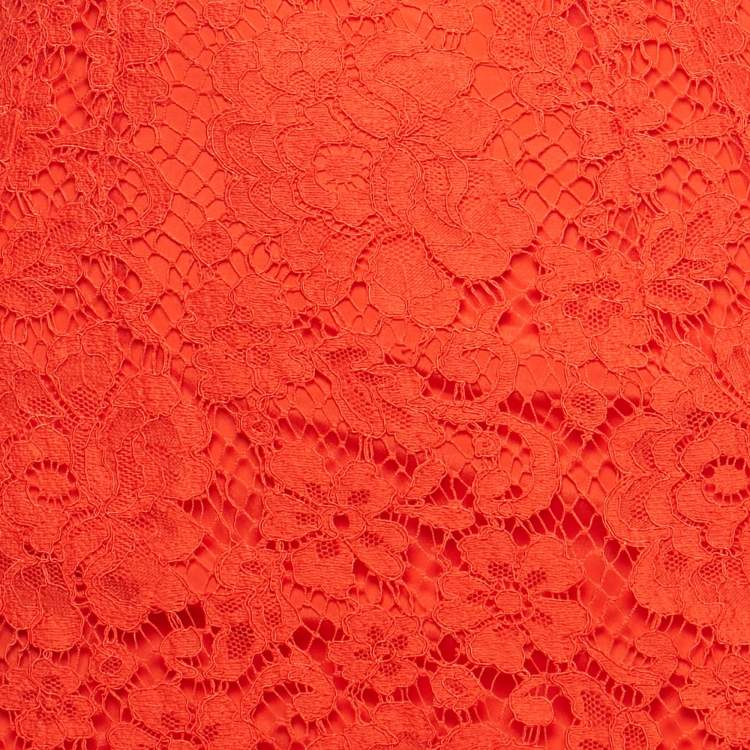 Pre Owned Dolce & Gabbana Red Lace Midi Skirt XS