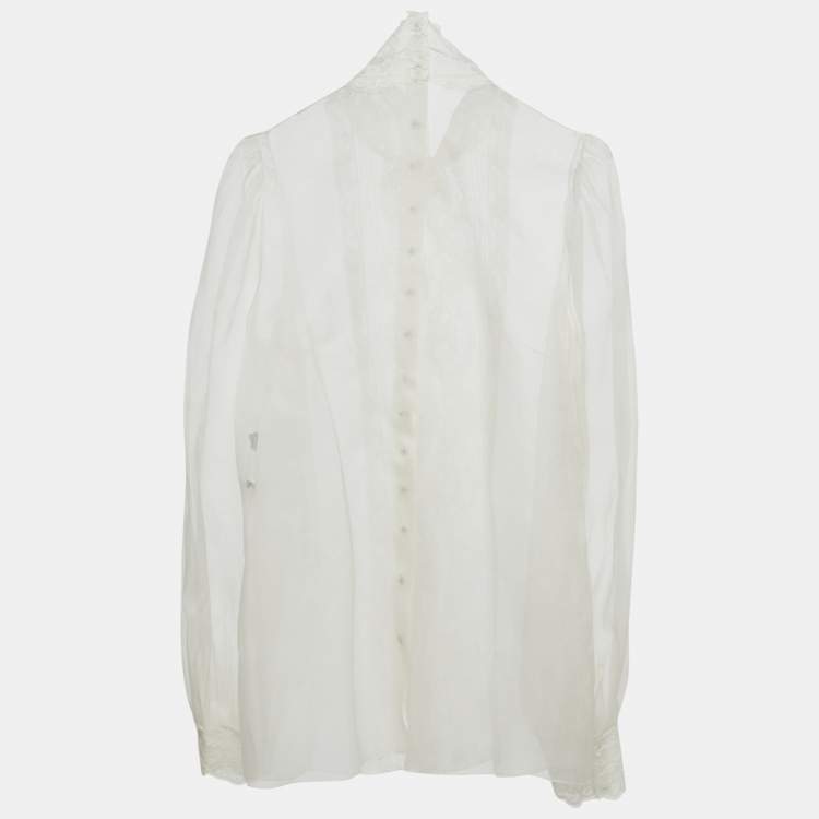Pre Owned Dolce & Gabbana White Sheer Silk Lace Trimmed Blouse M