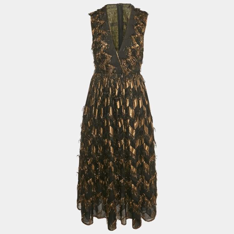 Pre Owned Dolce & Gabbana Black Silk Blend and Lurex Fringe Detail Long Dress M