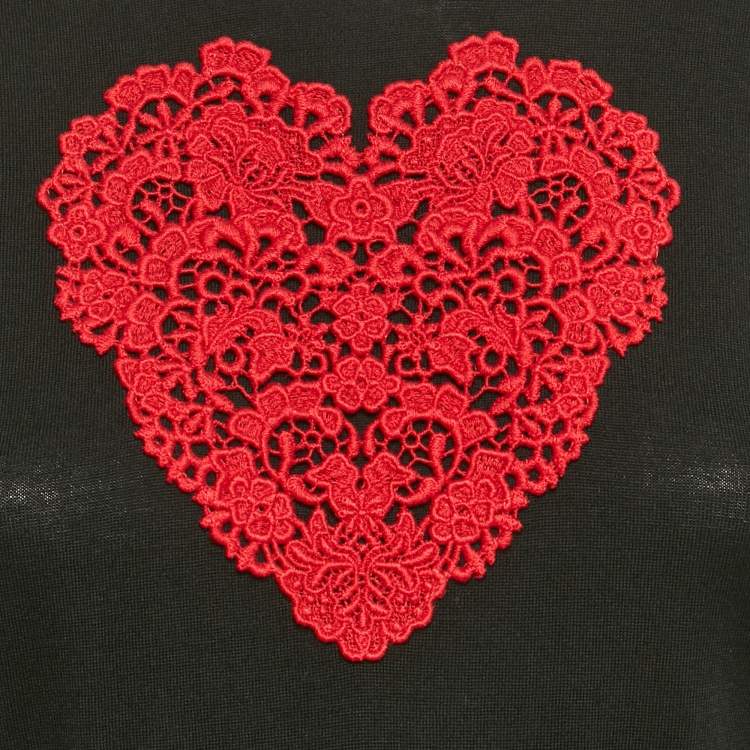Pre Owned Dolce & Gabbana Black Heart Lace Applique Wool Knit Top M