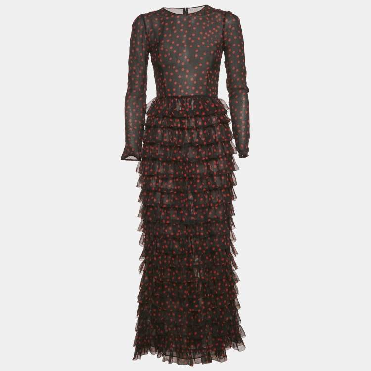 Pre Owned Dolce & Gabbana Black Polka Dots Silk Tiered Maxi Dress S