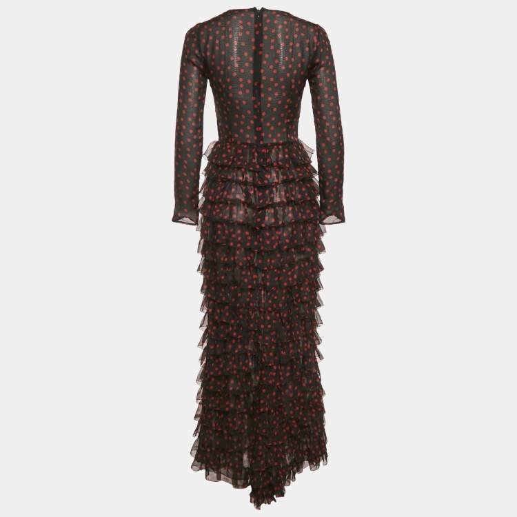Pre Owned Dolce & Gabbana Black Polka Dots Silk Tiered Maxi Dress S